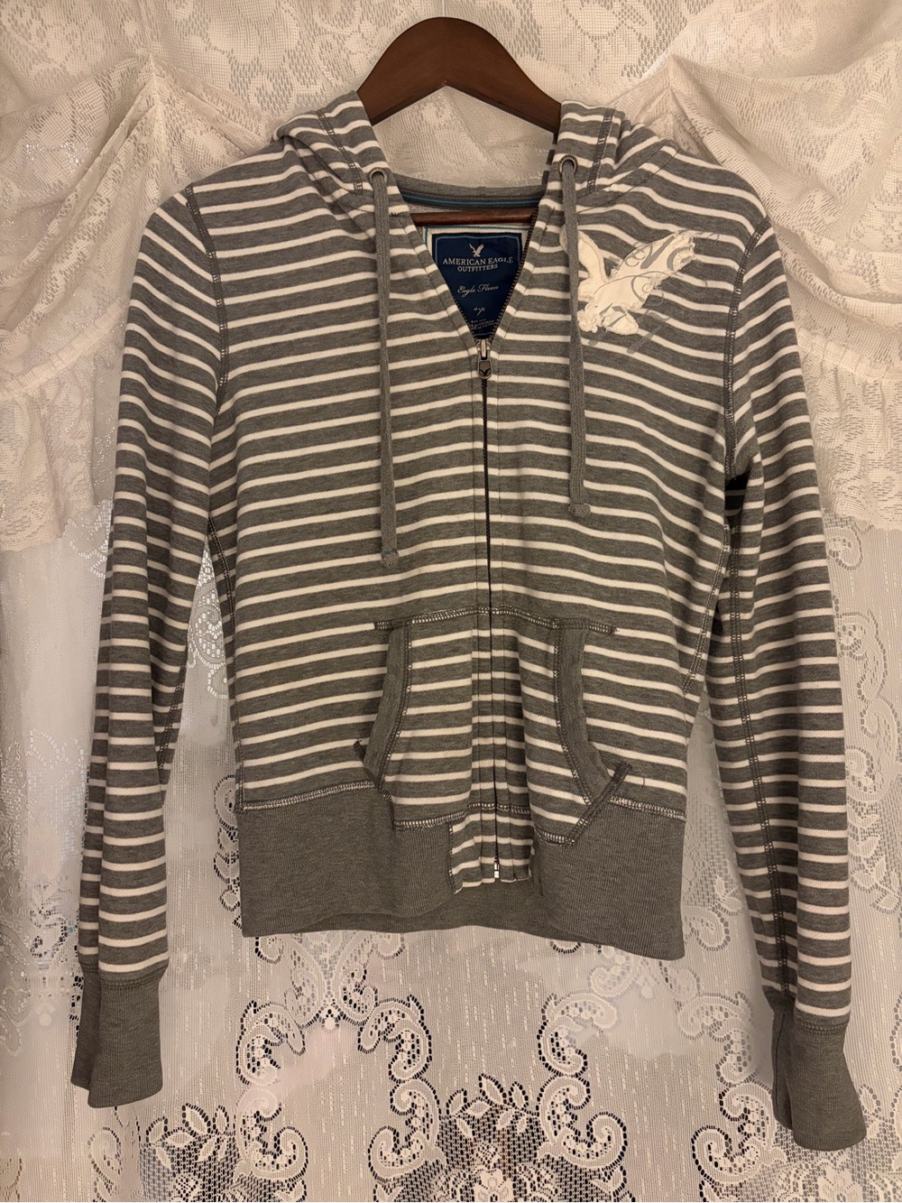 Vintage American Eagle Outfitters Gray and White Striped Hoodie Jacket